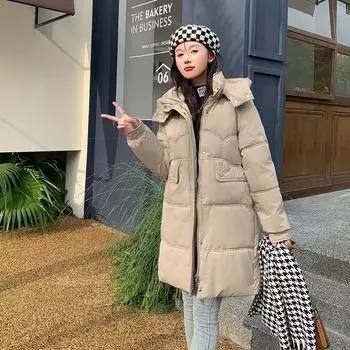 Пуховик, новая свободная толстая теплая куртка с капюшоном, модное пальто средней длины M хаки
