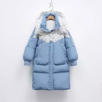 Пуховик новый национальный стандарт 90 пух женский зимний новый длинный жакет теплый с капюшоном контрастное пальто S светло-синий