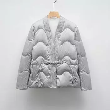 Пуховик новый национальный стандарт 90 пух повседневный осенне-зимний атласный простой национальный стиль однотонный V-образный вырез свободное пальто M чёрный