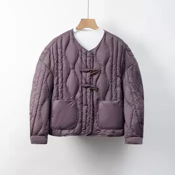 Пуховик новый национальный стандарт 90 пух повседневный осень и зима простая волна национальный стиль однотонный круглый вырез свободное пальто M чёрный