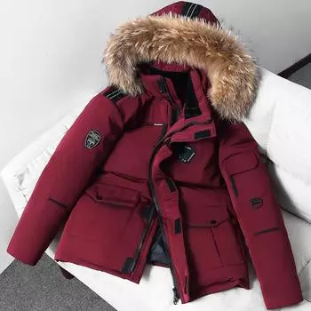 Пуховик RunningMan для пары, корейская парка с капюшоном и рабочим карманом, бархатные толстые зимние пуховые пальто с пушистым меховым воротником M бежевый