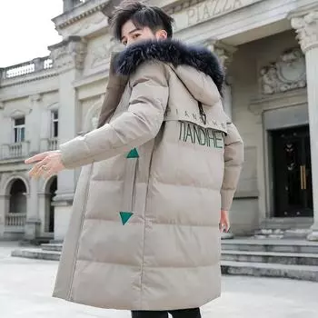 Пуховик с большим меховым воротником, мужская зимняя утепленная хлопковая куртка средней длины с капюшоном, повседневная куртка, теплое пуховое пальто на молнии M чёрный