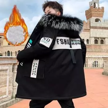 Пуховик с большим меховым воротником, мужская зимняя утолщенная хлопковая куртка, верхняя одежда средней длины с капюшоном, повседневная куртка, теплые пуховые пальто на дикой молнии M