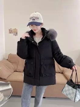 Пуховик с большим воротником из натурального меха лисы, женский, средний и длинный, новый свободный, утолщенный, маленький, зимний S 90-57.5 kg or so