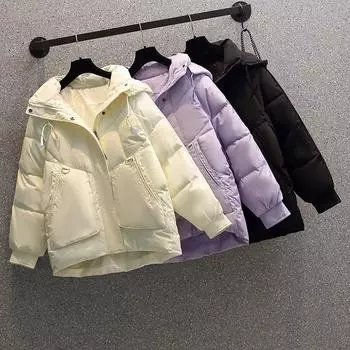 Пуховик с хлопковой подкладкой Женская одежда 2024 зимняя свободная куртка с капюшоном парка Bread Top модная толстая теплая холодная верхняя одежда женская S фиолетовый