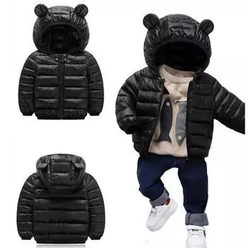 Пуховик с капюшоном для мальчиков и девочек, теплое легкое хлопковое пальто, осенне-зимняя куртка 80 чёрный