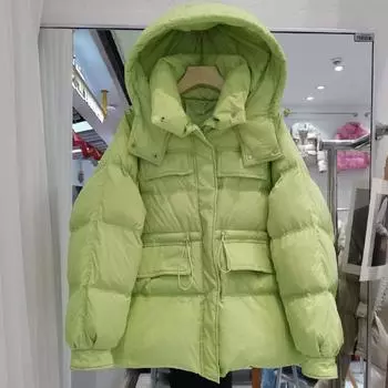 Пуховик с капюшоном для женщин, осень-зима, новые модные свободные пальто с длинными рукавами, повседневные утепленные однотонные парки M зелёный