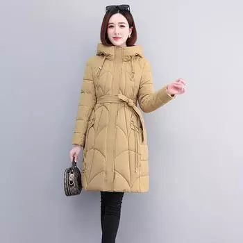 Пуховик с капюшоном на талии, женская зимняя длинная тонкая талия, утолщенное хлопковое пальто до колена для похудения M жёлтый