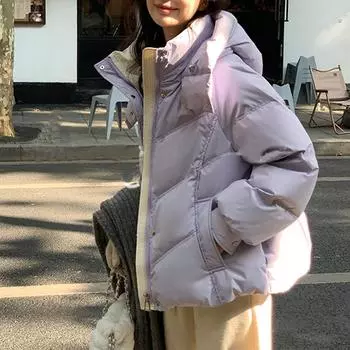 Пуховик с капюшоном женский зимний короткий новый модный белый утиный пух большого размера S фиолетовый