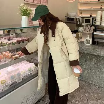 Пуховик с лоскутным лацканом, женская, средней длины, свободная и универсальная, модная зимняя новая куртка выше колена M чёрный