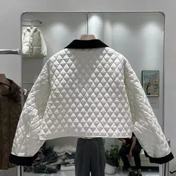Пуховик с маленьким лацканом, женская одежда 2024 года, осенне-зимняя, новая, контрастного цвета, ромбовидный темперамент, повседневное, короткое, милое пальто M белый