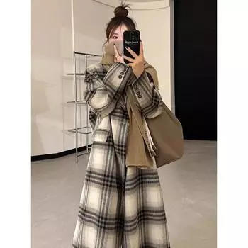 Пуховик с подкладкой из кашемира, шерстяное пальто женское, средней и длинной длины, зимняя новая корейская версия, двухстороннее пуховое пальто в клетку XS