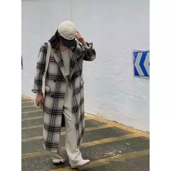 Пуховик с подкладкой из кашемира, шерстяное пальто женское, средней и длинной длины, зимняя новая корейская версия, двухстороннее пуховое пальто в клетку S