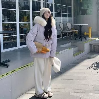 Пуховик с угловой пряжкой, женская новая зимняя короткая куртка с капюшоном, утепленная куртка с большим меховым воротником, 2024 г. S Recommended below 52.5kg