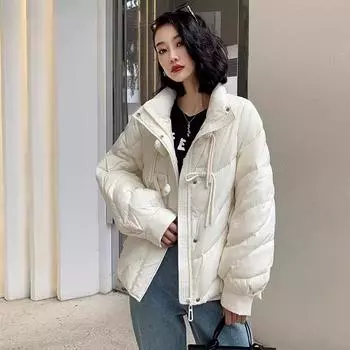 Пуховик с угловой пряжкой женский 2024 зима новый легкий воротник-стойка литературный ретро теплый модный пальто прилив M хаки