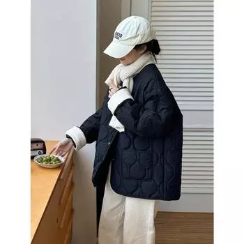 Пуховик, сращивание овечьей шерсти, тонкий ромбовидный узор, новый зимний стиль, свободное хлопковое пальто в корейском стиле для женщин S чёрный
