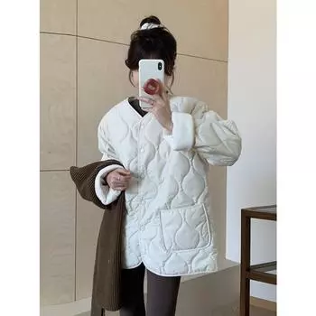 Пуховик, сращивание овечьей шерсти, тонкий ромбовидный узор, новый зимний стиль, свободное хлопковое пальто в корейском стиле для женщин S белый