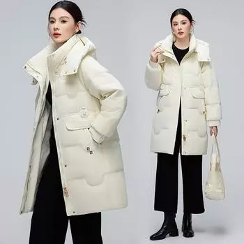 Пуховик средней длины для женщин, новая зимняя мода с капюшоном, утолщенный теплый белый пуховик для женщин S