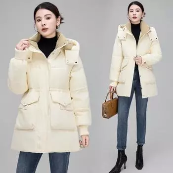 Пуховик средней длины для женщин, зимняя новая модная женская повседневная куртка в корейском стиле на талии, утиный пух M