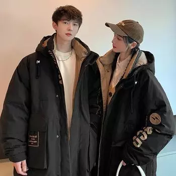 Пуховик средней длины, мужская зимняя одежда высокого класса для пар, национальная мода, свободная мужская куртка с капюшоном из белого утиного пуха M чёрный