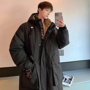 Пуховик средней длины, мужская зимняя одежда высокого класса для пар, национальная мода, свободная мужская куртка с капюшоном из белого утиного пуха S армия зеленый