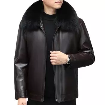 Пуховик средней длины, мужское пальто из натуральной кожи, утепленная куртка с лацканами на белом утином пуху, зимнее пальто M чёрный