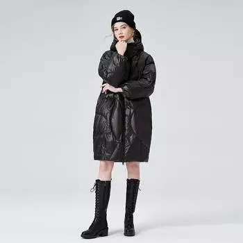 Пуховик средней длины на осень и зиму, черный, блестящий, толстый, белый, утиный пух, большой размер, свободный, с капюшоном, женский топ XS чёрный