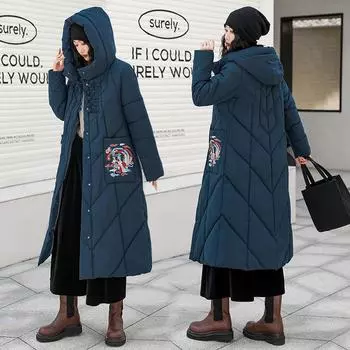 Пуховик средней длины с вышитым цветочным узором, женская зимняя утепленная куртка с цветочным принтом, винтажная куртка выше колена L