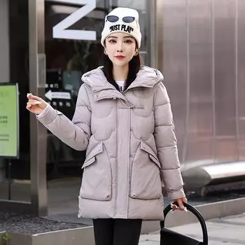 Пуховик средней длины, свободное утолщенное теплое новое пальто с капюшоном L хаки