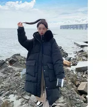 Пуховик средней длины, женское утепленное длинное хлопковое пальто с большим меховым воротником длиной выше колена XL чёрный