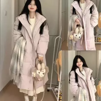 Пуховик средней и длинной длины, хлопковая куртка женская 2024 года, новая зимняя корейская версия, свободная студенческая милая утолщенная хлопковая куртка прилив S recommends 55 kg or less