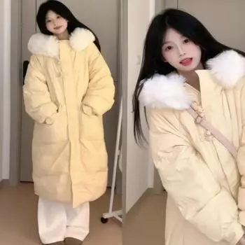 Пуховик средней и длинной длины, куртка с хлопковой подкладкой, женская, 2024, новая зимняя, свободная, до колена, большой меховой воротник, утолщенная куртка с подкладкой S recommends 55kg