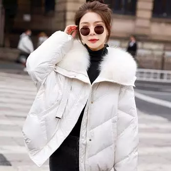 Пуховик Station женский короткий 2024 новый настоящий лисьий мех высококачественное зимнее модное пальто небольшого размера S бежевый