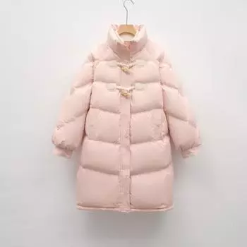 Пуховик свободный белый утиный пух роговая пряжка женская новая зимняя теплая утолщенная куртка средняя и длинная прилив S розовый