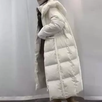 Пуховик ветрозащитный женский длинный рабочий костюм зимняя теплая куртка с капюшоном белый утиный пух S чёрный