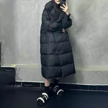 Пуховик ветрозащитный женский длинный рабочий зимняя теплая куртка белый утиный пух S чёрный