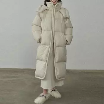 Пуховик ветрозащитный женский длинный зимняя теплая куртка с капюшоном белый утиный пух One Size чёрный