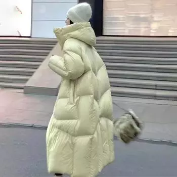 Пуховик ветрозащитный женский длинный зимняя теплая куртка с капюшоном белый утиный пух One Size бежевый