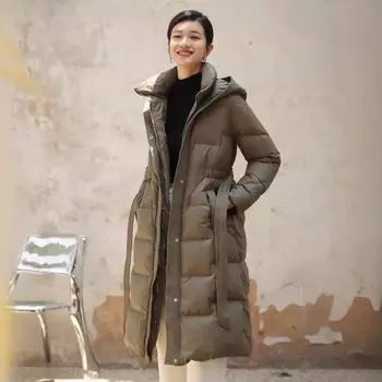 Пуховик, высококачественная женская одежда 2024, новый средний и длинный поясной ремень, тонкая и утолщенная модная универсальная куртка с капюшоном M (90-55 kg) белый