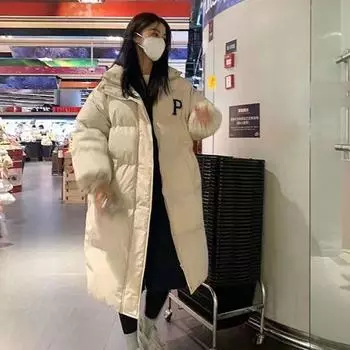 Пуховик, женская зимняя новая длинная толстая стеганая куртка выше колена, корейская куртка с хлопковой подкладкой S чёрный