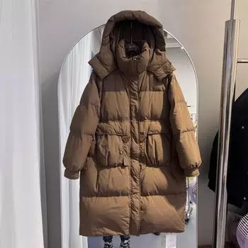 Пуховик женский 2024 года, новая корейская версия, с капюшоном, длинный, выше колена, с большими карманами, утолщенный, свободный, белый, пуховик Tide S темно-коричневого