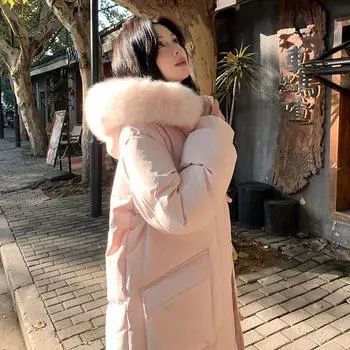 Пуховик женский 2024 новый 90 белый утиный пух большой меховой воротник длинный до колена утолщенный корейская версия модный зимний пуховик XS розовый