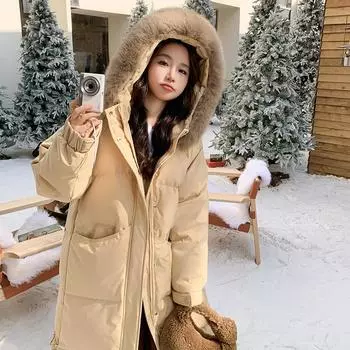 Пуховик женский 2024 новый 90 белый утиный пух большой меховой воротник капюшон иностранный газ утолщенный длинный до колена зимнее пальто XS 90-57.5kg