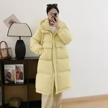 Пуховик женский 2024 новый длинный выше колена утолщенный с большими карманами с капюшоном свободный повседневный модный пальто S (recommended weight 90-62.5 kg)