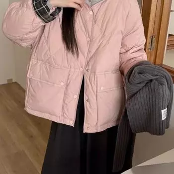 Пуховик женский 2024 новый круглый вырез рукава сращивание маленький зимний короткий свободный пальто прилив S 85-60 kg синий