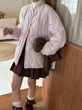 Пуховик женский 2024 новый ленивый ветер маленький мужской хлеб куртка ромб свободное и тонкое пальто average size 90-75kg молочный белый