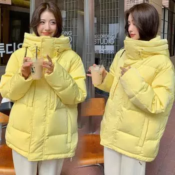 Пуховик женский 2024 новый маленький жакет белый утиный пух с капюшоном свободный утолщенный зимний пальто S