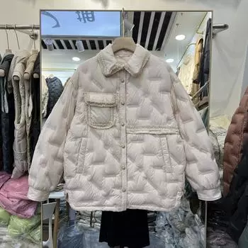 Пуховик женский 2024 новый воротник-рубашка грубый цветок сращивание прессованный клей белый утиный пух модное свободное теплое зимнее пальто S 90-55 kg