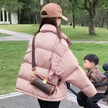 Пуховик женский 2024 новый воротник-стойка короткая куртка корейская версия маленькая утолщенная зимняя свободная куртка S чёрный