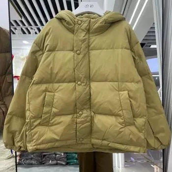 Пуховик женский 2024 новый женский короткий свободный с капюшоном белый утиный пух пуховик куртка утолщенная куртка S